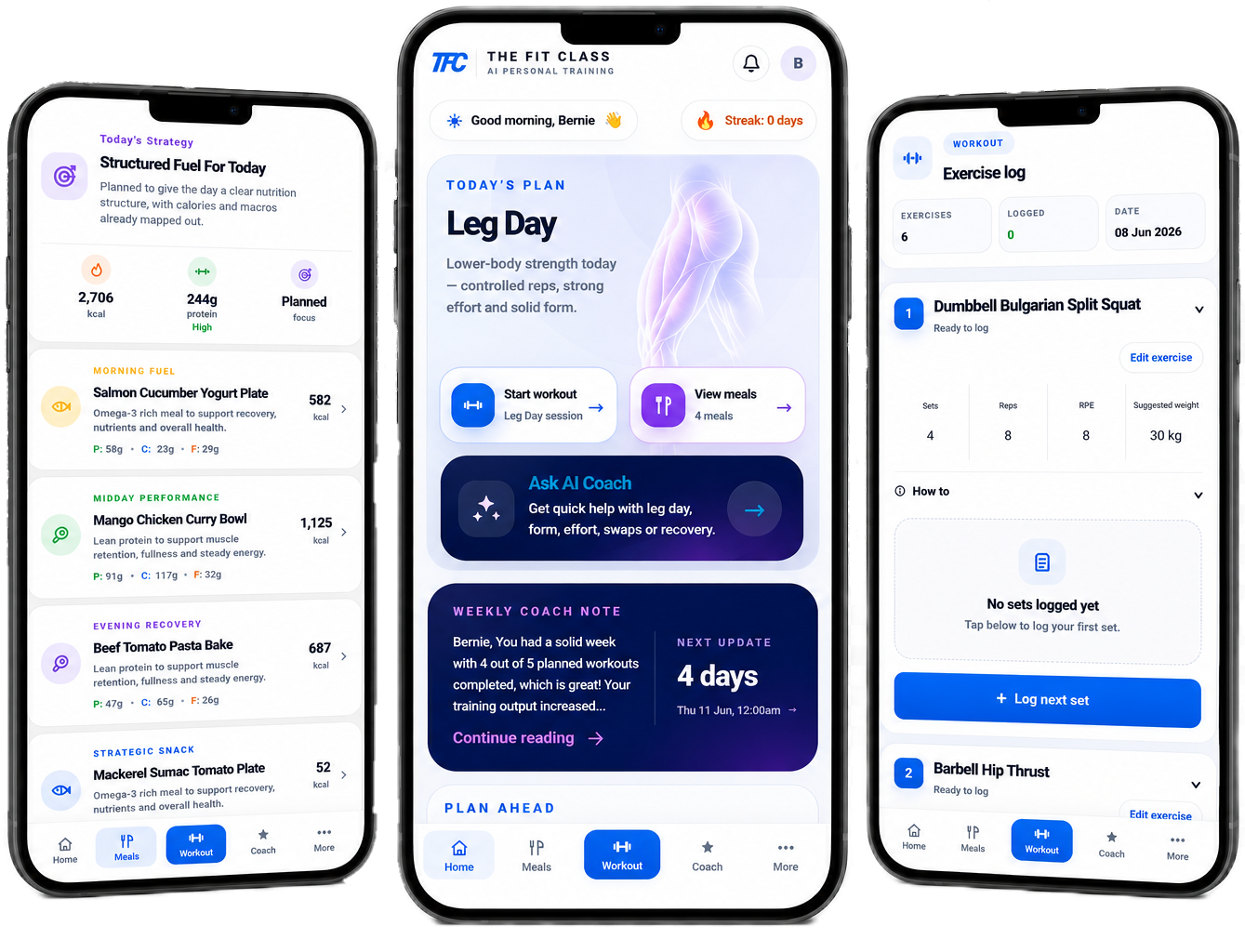 The Fit Class AI fitness coach app showing a personalised fitness plan on a phone