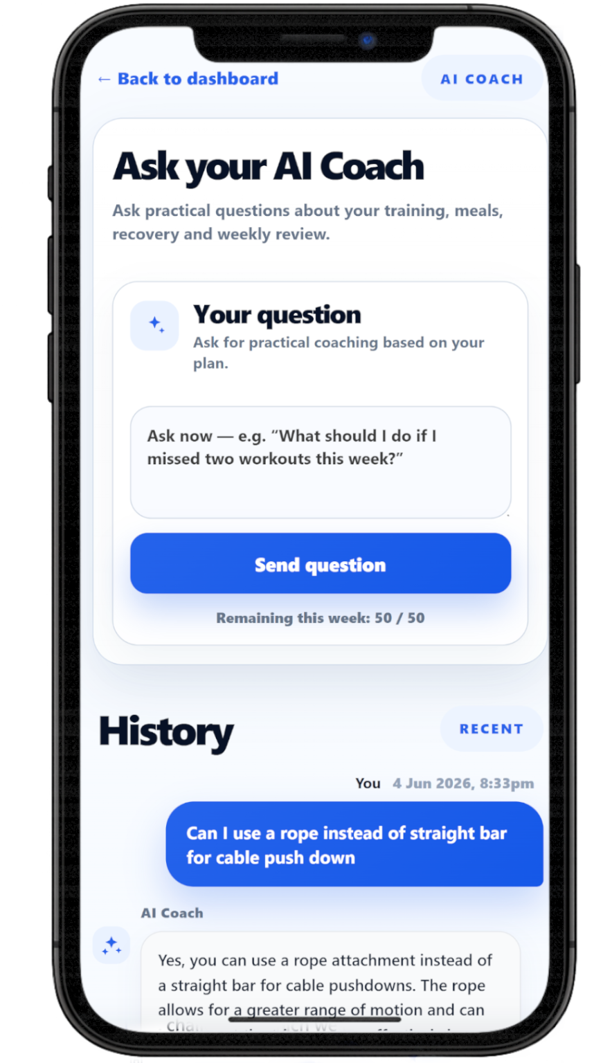 The Fit Class Ask AI Coach screen for questions about workouts, meals and progress