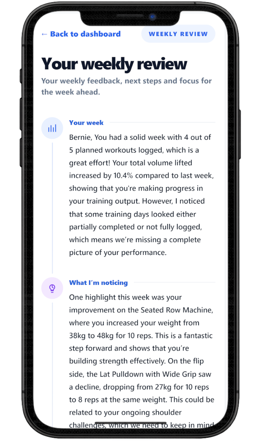 The Fit Class coaching screen showing weekly updates and plan feedback